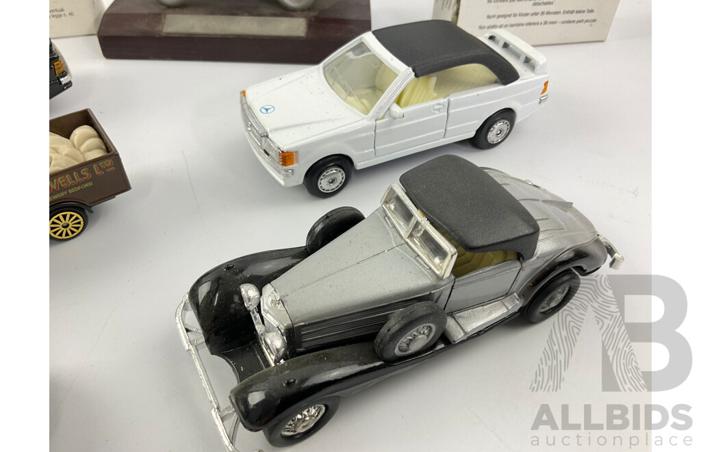 Boxed Diecast Corgi B.O.A.C Bus and Fyffes Bananas Truck, Diecast Range Rover on Timber Base, Mercedes and Truck