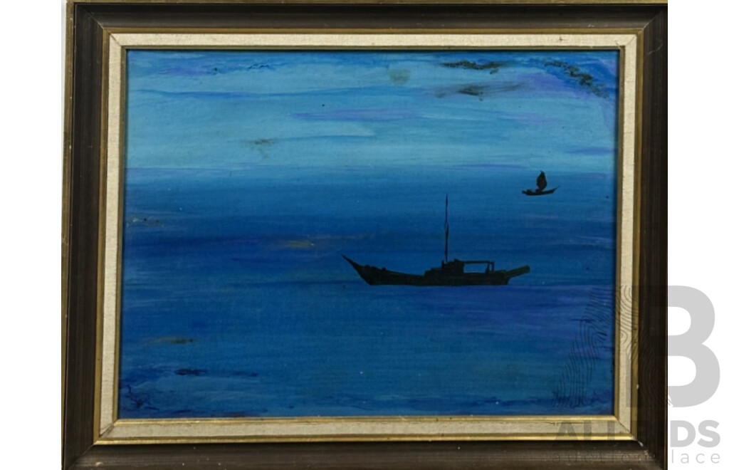 James Scott-Findlay, (Australian, 20th Century), Lone Boats, Blue Water, Oil on Card Mounted on Board, 58 x 73 cm (frame)