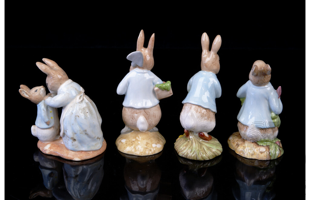 Collection Four Royal Albert Porcelain Beatrix Potter Figurines Comprising Mrs Rabbit and Peter, Peter Ate a Radish, Peter with Daffodils & Peter Rabbit Gardening