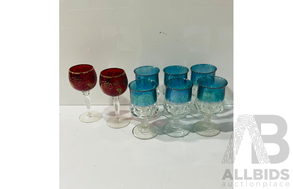 Set Six Retro Glass Goblets Along with Pair Ruby Glass Wine Glasses with Etched Detail