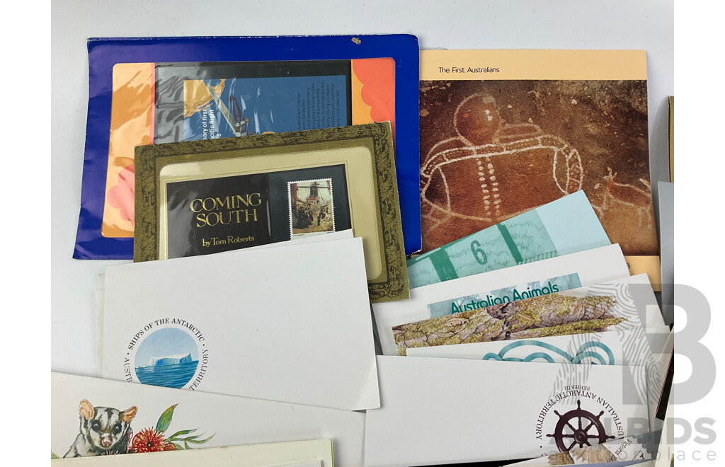 Collection of Australian Stamp Packs, Examples From Late 1970's to 1980's, Antartic Territory, Selected Issues, Some Matching First Day Covers