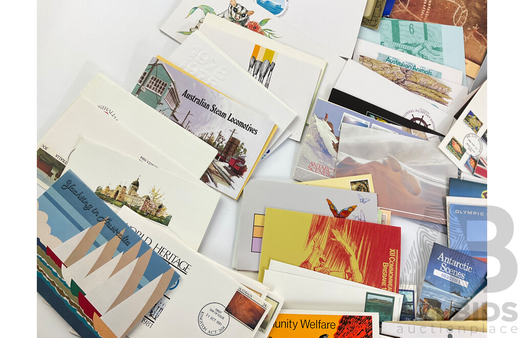 Collection of Australian Stamp Packs, Examples From Late 1970's to 1980's, Antartic Territory, Selected Issues, Some Matching First Day Covers