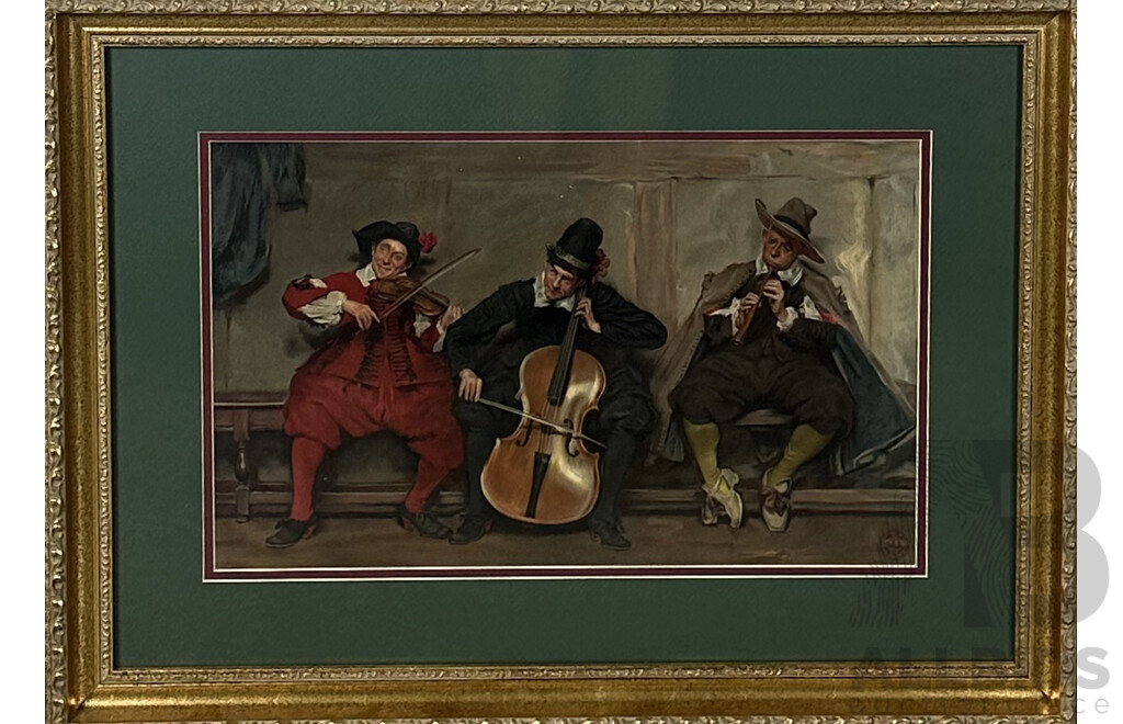 Artist Unknown, Three Cavaliers Playing a Violin, Cello and Pipe, Vintage Reproduction Colour Poster. 49 x 67 cm (frame)