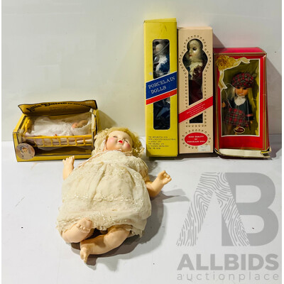 Collection of Vintage Porcelain Dolls Including Little Elaine in Cradle, Dolls of All Nations Scotland and More