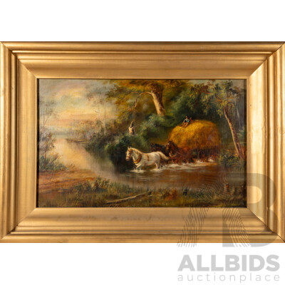 Artist Unknown, (19th Century), Children Heading Home with Hay, Antique Oil on Canvas Cloth, 80 x 113 cm (frame)