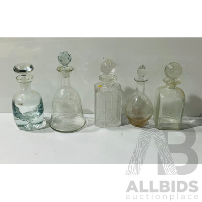 Collection Four Vintage Decanters with Stoppers Including Heavy Bases Krosno Example, Bell Form Example with Etched Thistle Design and More