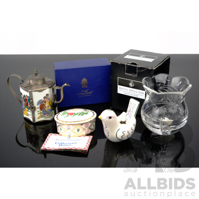 Collection Quality Decorator Pieces Including Royal Doulton Falling Stars Crystal Votive, Royal Crown Derby Lidded Pill Dish, Both in Original Boxes and More