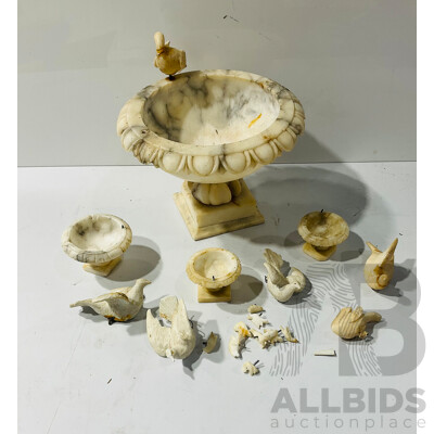 Vintage Italian Marble Small Bird Bath Along with Three Smaller Examples with Collection Marble Bird Figures to Perch on Rim