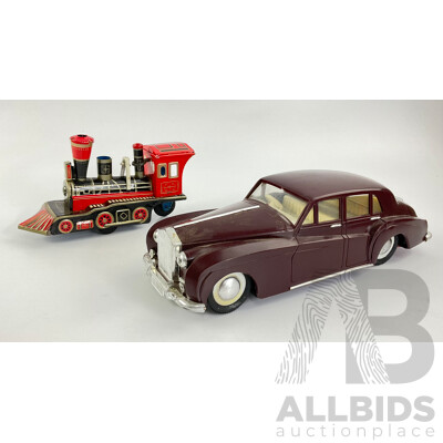 Vintage Battery Powered Rolls Royce and Pressed Steel Steam Locomotive, Made in Japan