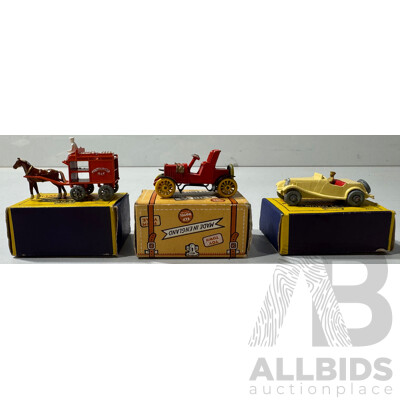 Vintage Diecast Lesney Matchbox MG Coupe Nineteen and Horse Drawn Milk Float Number Seven with Charbens Miniature Series 1904 Darracq