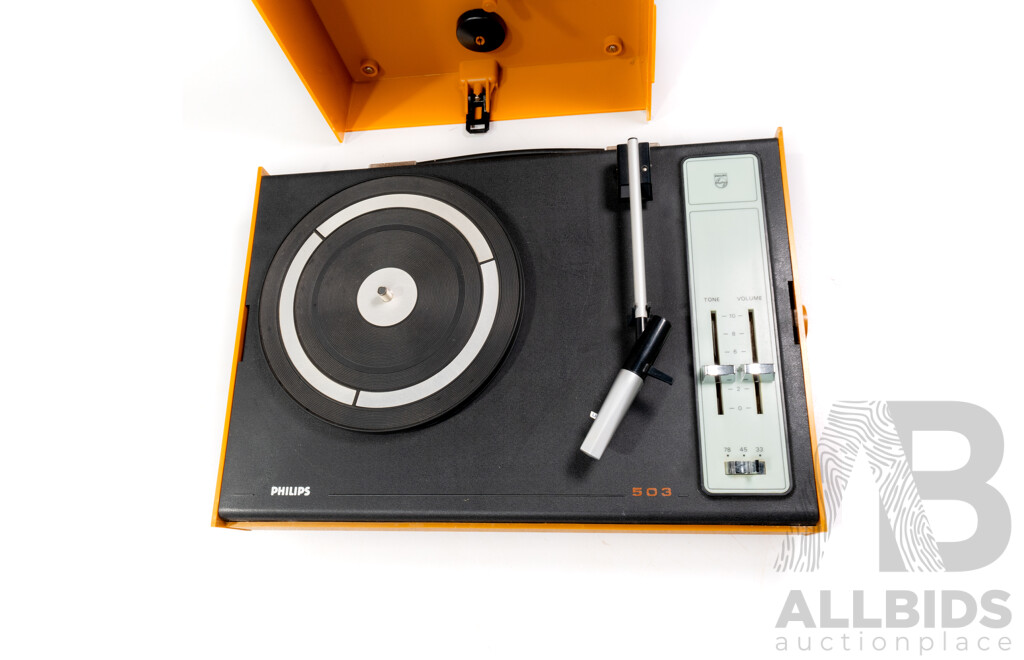 Retro Funky Orange Phillips Model 503 Portable Turntable with Built in Speaker