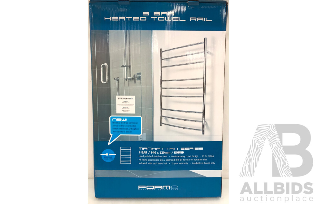 Forme Manhattan Series Round Nine Bar Heated Towel Rail - 940mm - Brand New - ORP $900.00