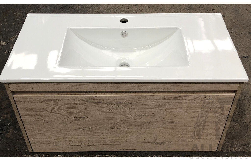 Forme Madrid 900mm Wall Hung Vanity(Light Ash) with Porcelain Basin Top(White)  - Brand New - ORP $1400.00