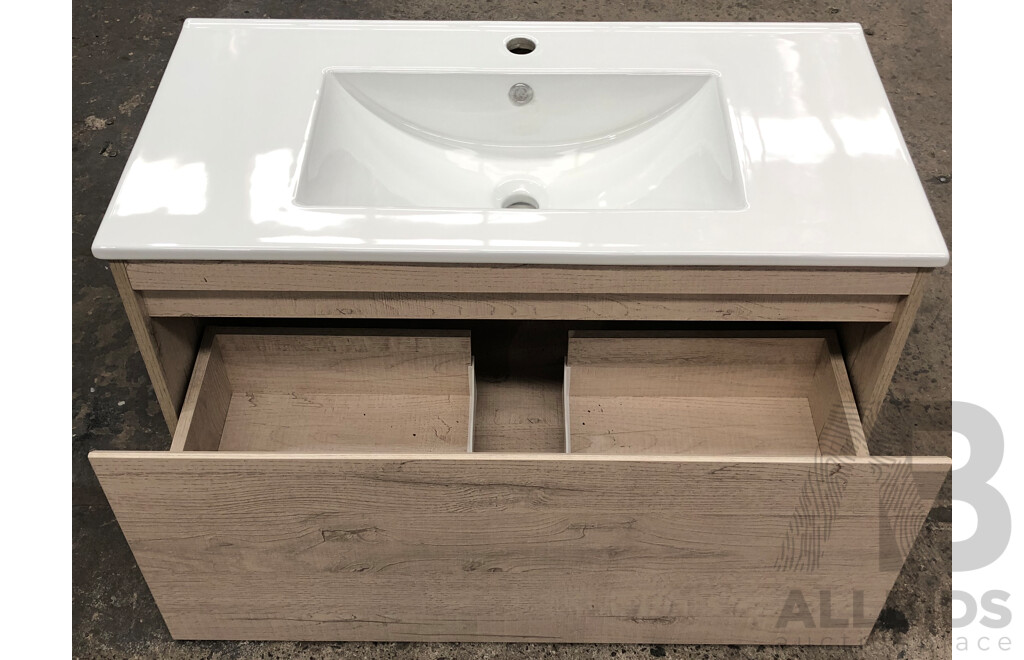 Forme Madrid 900mm Wall Hung Vanity(Light Ash) with Porcelain Basin Top(White)  - Brand New - ORP $1400.00
