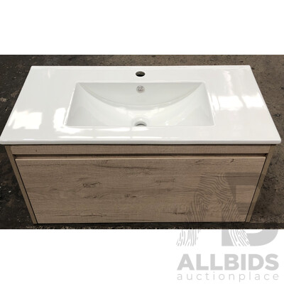 Forme Madrid 900mm Wall Hung Vanity(Light Ash) with Porcelain Basin Top(White)  - Brand New - ORP $1400.00