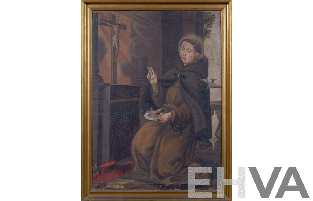 Artist Unknown, Saint Francis of Assisi, Antique Oil on Canvas Cloth, 112 x 85 cm (frame)