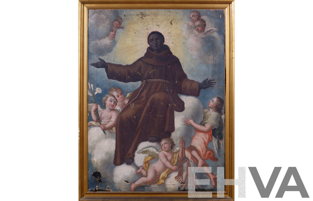 Artist Unknown, Possibly Saint Anthony of Padua, Antique Oil on Canvas Cloth, 127 x 97 cm (frame)