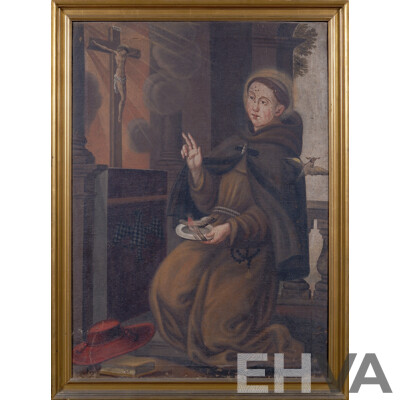 Artist Unknown, Saint Francis of Assisi, Antique Oil on Canvas Cloth, 112 x 85 cm (frame)