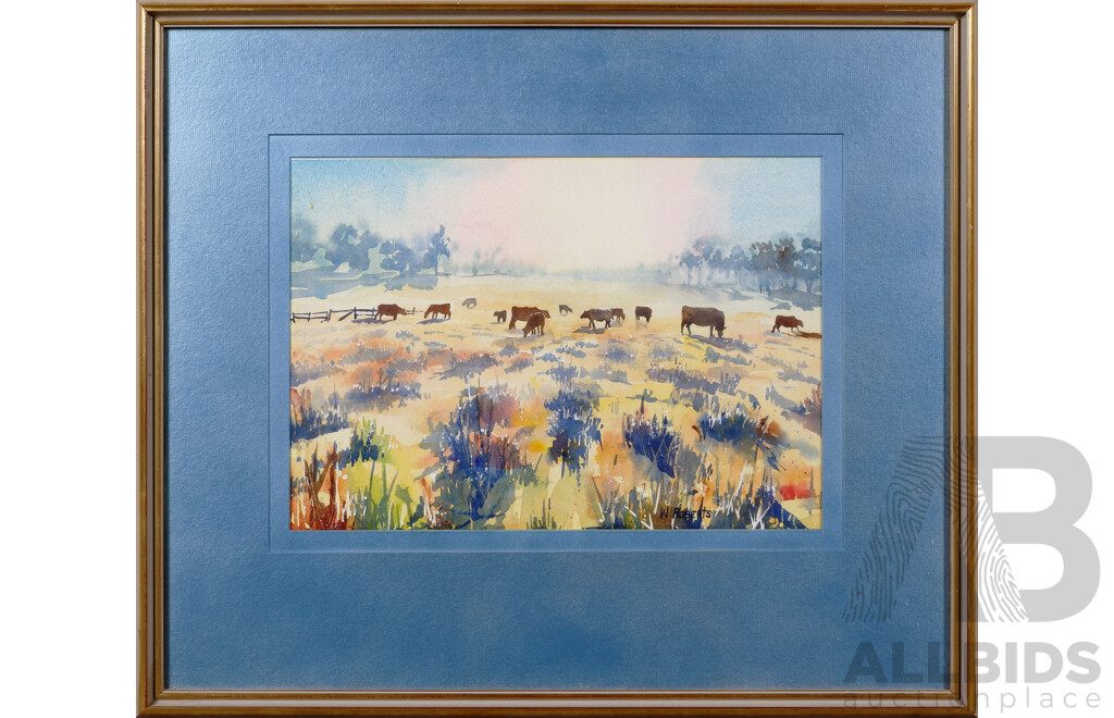 W. Roberts, (20th Century), Cows Grazing, Watercolour on Card, 54 x 64 cm (frame)