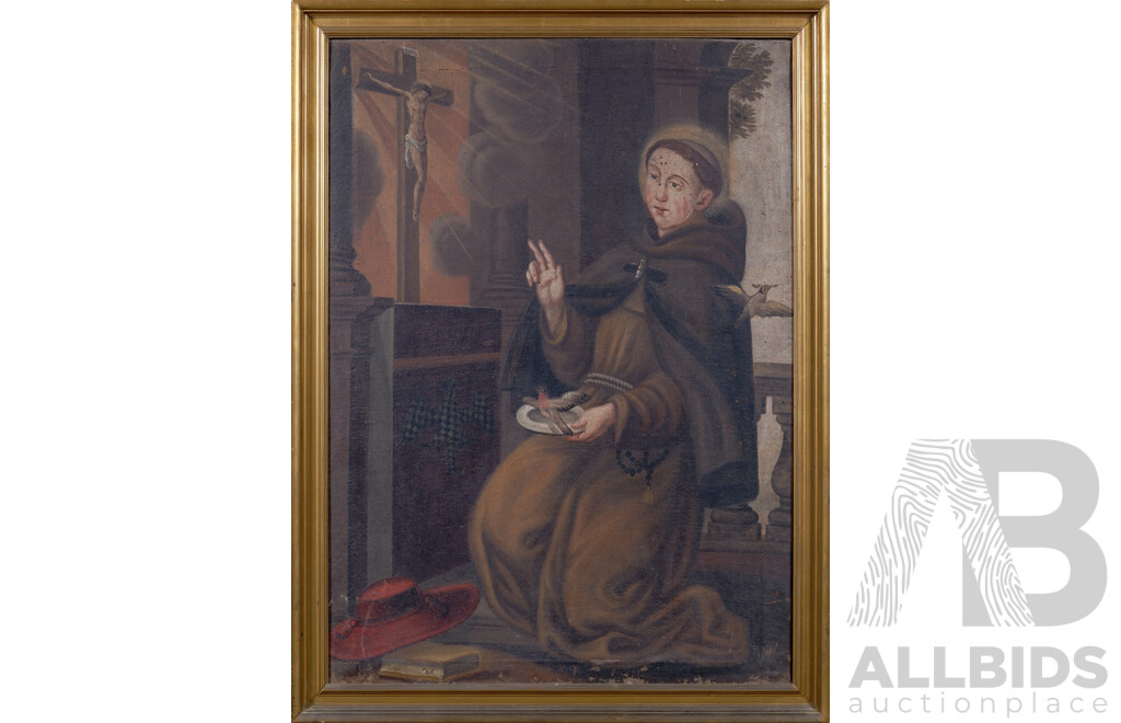 Artist Unknown, Saint Francis of Assisi, Antique Oil on Canvas Cloth, 112 x 85 cm (frame)