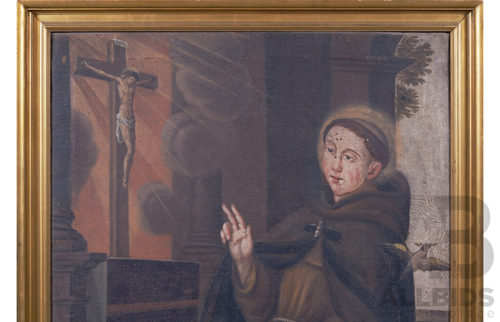 Artist Unknown, Saint Francis of Assisi, Antique Oil on Canvas Cloth, 112 x 85 cm (frame)