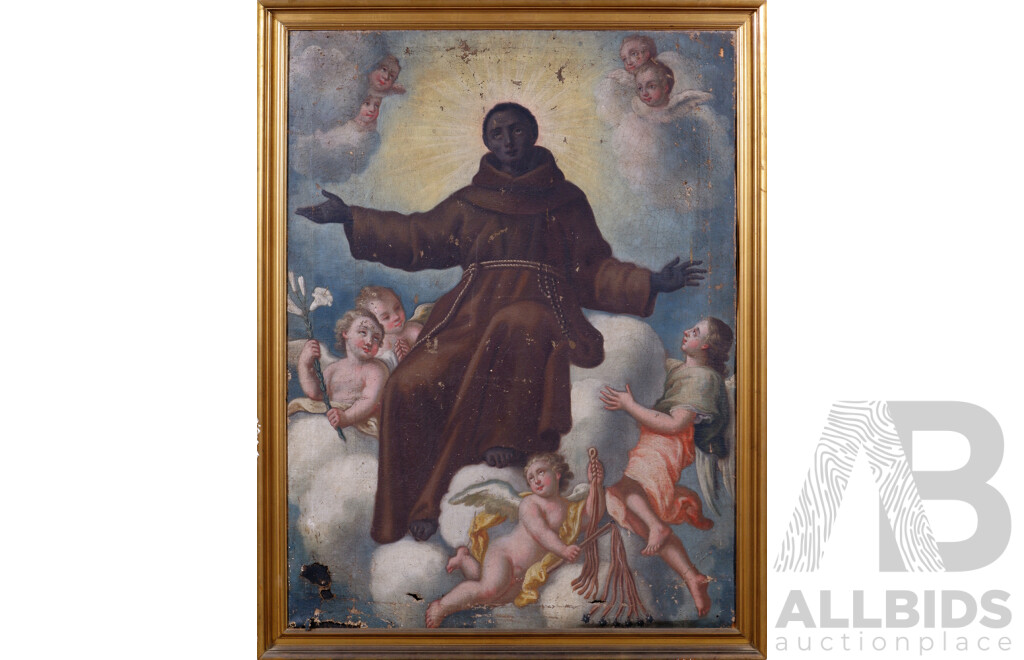 Artist Unknown, Possibly Saint Anthony of Padua, Antique Oil on Canvas Cloth, 127 x 97 cm (frame)