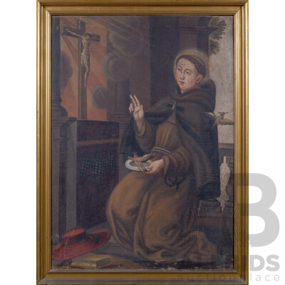 Artist Unknown, Saint Francis of Assisi, Antique Oil on Canvas Cloth, 112 x 85 cm (frame)