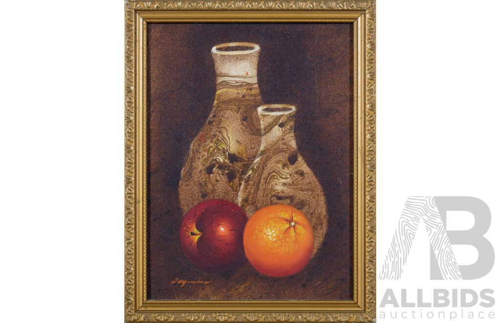 Artist Unknown, (Date Unknown), Still Life- Vases and Fruit, Oil on Canvas Board, 35 x 27 cm (frame)