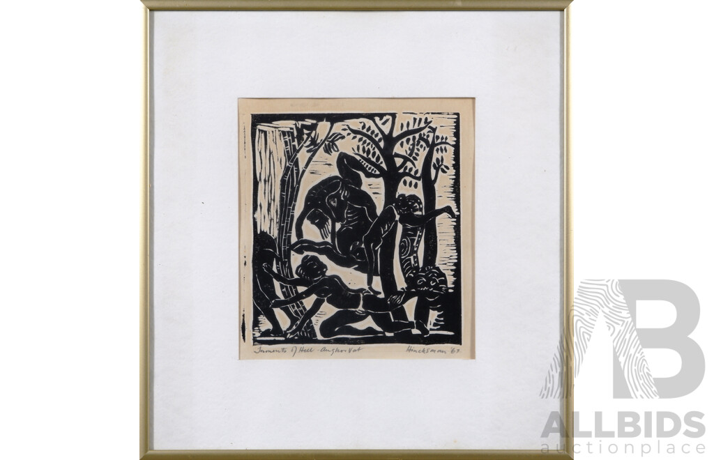 Bob Hincksman, (20th Century, Australian, 1925-2002), Torments of Hell, Angkor Wat, (1967), Relief Print Linocut, Black Ink, 30 x 28 cm (frame)