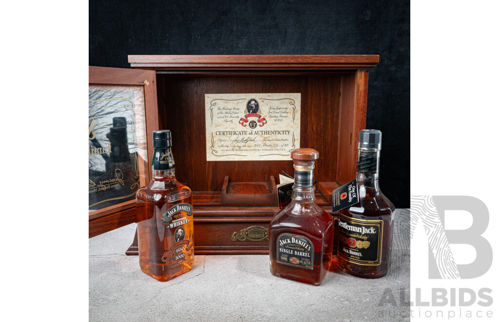 Limited Edition Jack Daniel’s Family of Fine Whiskeys Three Bottle Cabinet, Signed by Jimmy Bedford