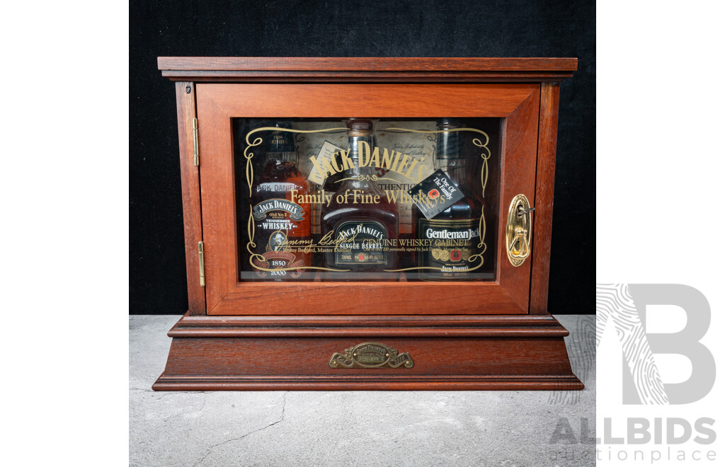 Limited Edition Jack Daniel’s Family of Fine Whiskeys Three Bottle Cabinet, Signed by Jimmy Bedford