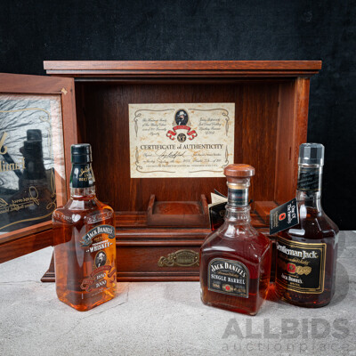 Limited Edition Jack Daniel’s Family of Fine Whiskeys Three Bottle Cabinet, Signed by Jimmy Bedford