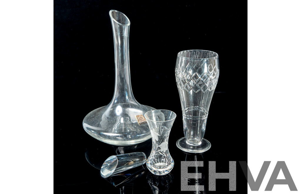 Collection Quality Crystal & Glass Comprising Peugeot Decanter and Stopper, Stuart Crystal Bud Vase & Tudor Crystal Vase