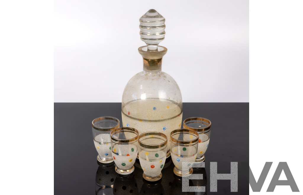 Vintage Art Deco Decanter with Stopper and Set Five Glasses
