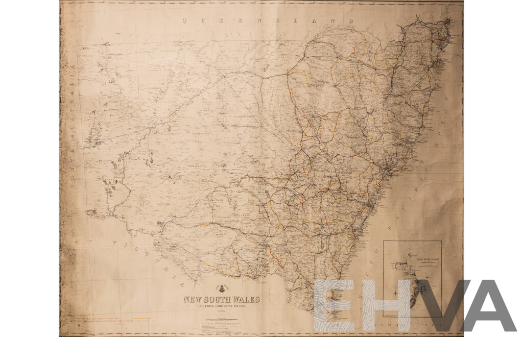 Antique Map of New South Wales Including Lord Howe Island, Hand Coloured Roads, Canvas & Ink, 141 x 118 cm (edge to Edge)