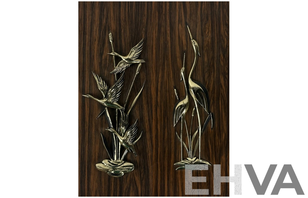 Birds in Flight & Pair of Cranes, Pair of Mid-Century Faux Wood & Moulded Plastic Wall Hangings, 36 x 14 cm (edge to edge) (2)