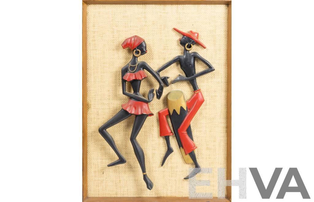 Artist Unknown, (20th Century), Conga Man & Dancing Lady, Mid-Century Painted Resin Mounted to Woven Rattan Wooden Base Board, 58 x 43 cm (frame)