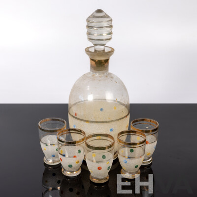 Vintage Art Deco Decanter with Stopper and Set Five Glasses