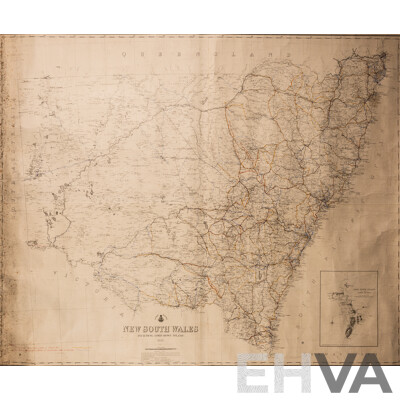 Antique Map of New South Wales Including Lord Howe Island, Hand Coloured Roads, Canvas & Ink, 141 x 118 cm (edge to Edge)