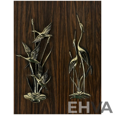 Birds in Flight & Pair of Cranes, Pair of Mid-Century Faux Wood & Moulded Plastic Wall Hangings, 36 x 14 cm (edge to edge) (2)
