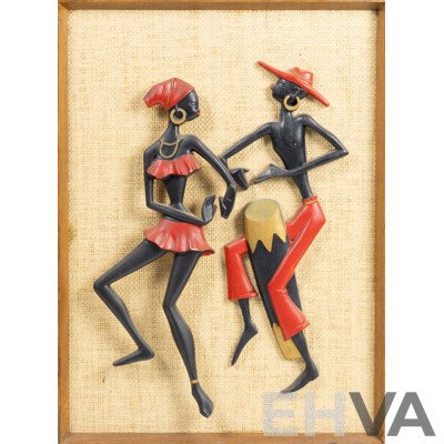 Artist Unknown, (20th Century), Conga Man & Dancing Lady, Mid-Century Painted Resin Mounted to Woven Rattan Wooden Base Board, 58 x 43 cm (frame)