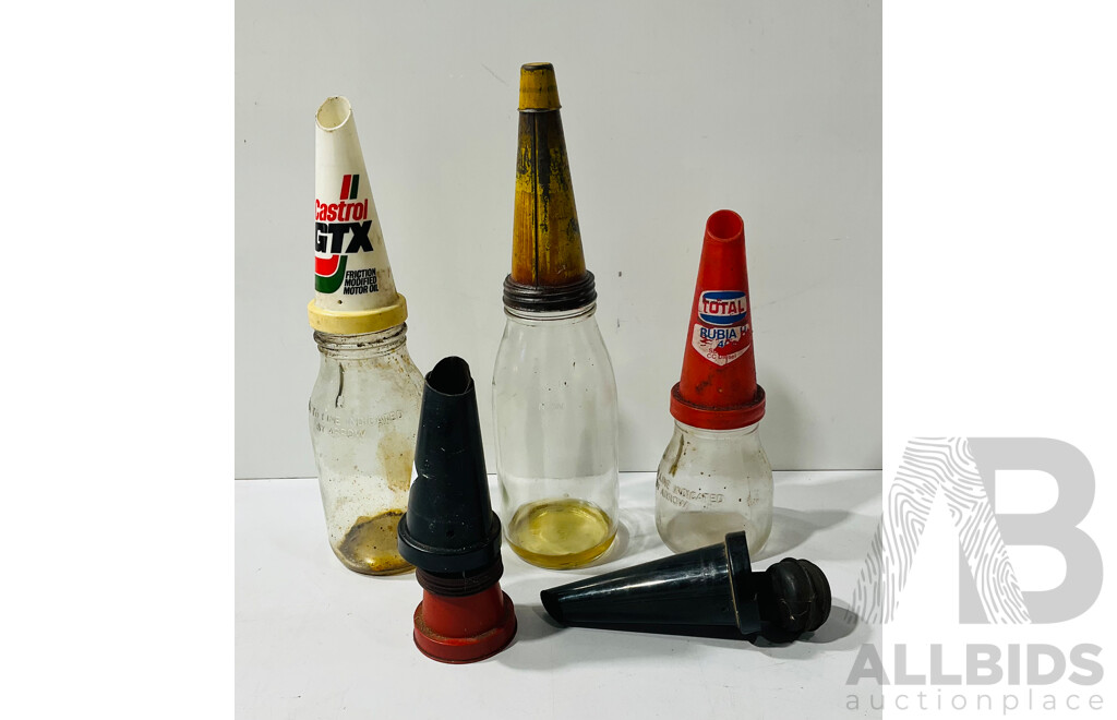 Three Vintage BT NSW Oil Pouring Bottles Including AGM Glass, Pourers, Castrol GTX, Shell