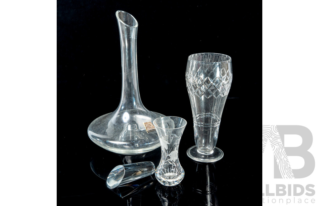 Collection Quality Crystal & Glass Comprising Peugeot Decanter and Stopper, Stuart Crystal Bud Vase & Tudor Crystal Vase