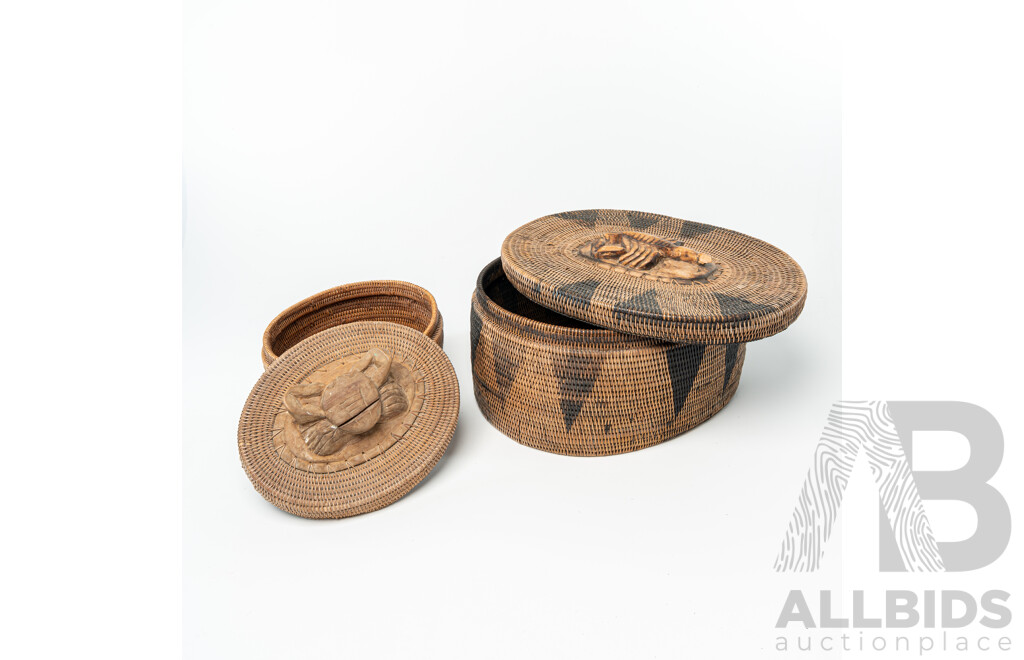 Two Hand Woven Fibre Tribal Baskets with Carved Wooden Detail to Handles