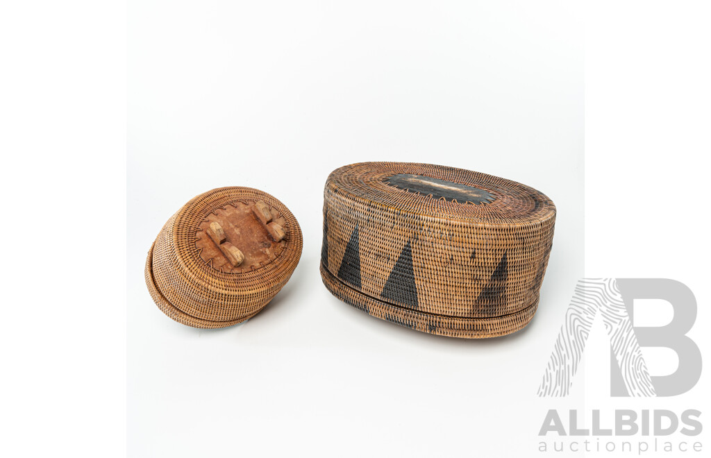 Two Hand Woven Fibre Tribal Baskets with Carved Wooden Detail to Handles