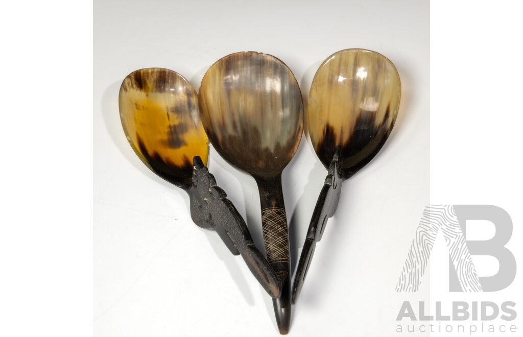 Collection Three Hand Carved and Decorated Indonesian Buffalo Horn Serving Spoons