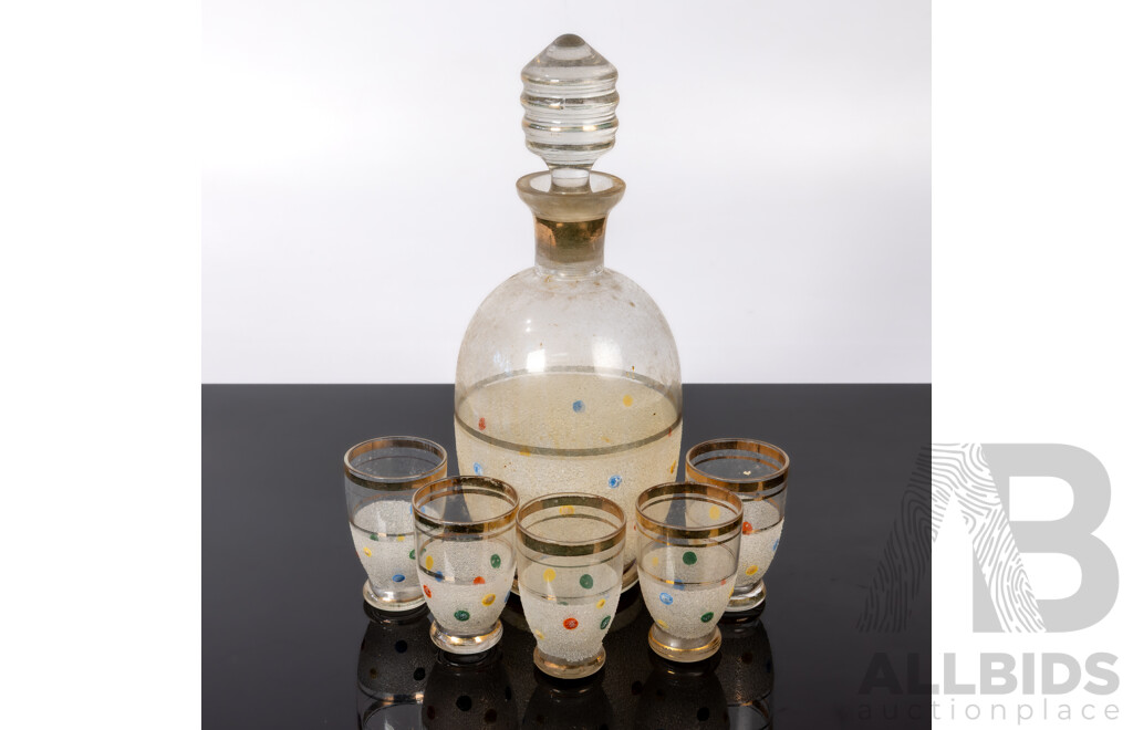 Vintage Art Deco Decanter with Stopper and Set Five Glasses