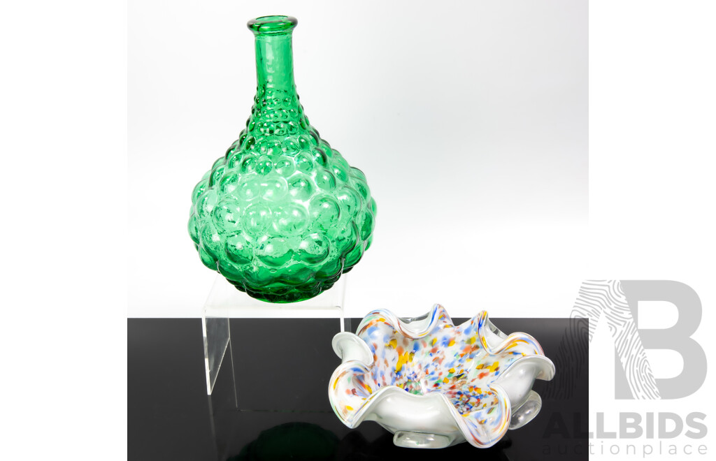 Mid Century Italian Empoli Green Bottle Long with Art Glass Dish with Aventurine Inclusions