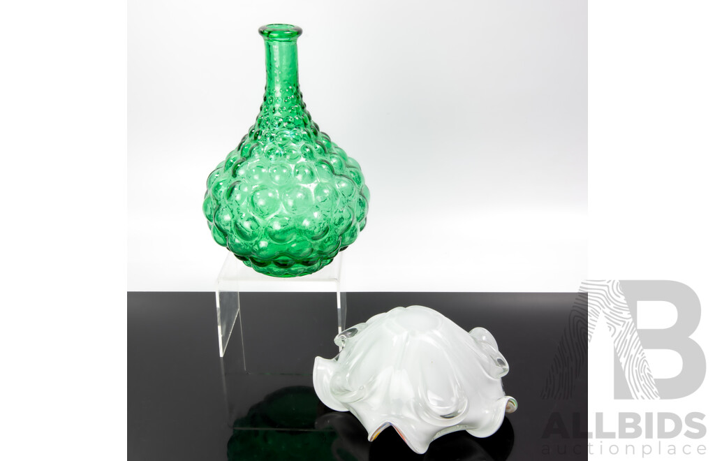 Mid Century Italian Empoli Green Bottle Long with Art Glass Dish with Aventurine Inclusions