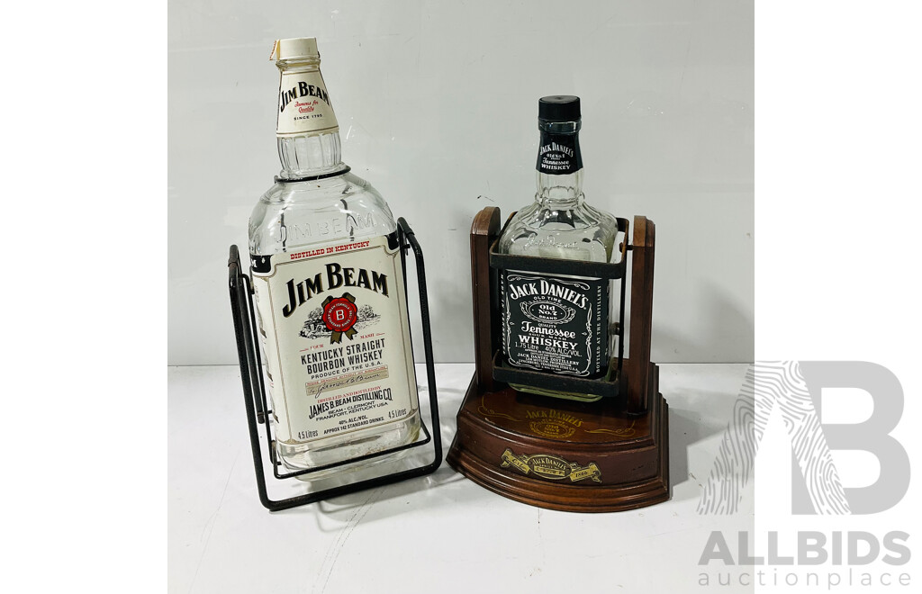 Jack Daniels Commemorative Swinging Decanter Stand with Empty 1.75 Litre Bottle Along with Swinging Jim Beam Satand & Empty 4.5 Litre Bottle